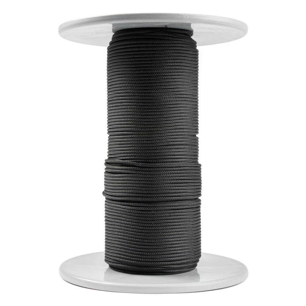 A spool of black Kevlar cord, 2 mm thick, made of aramid fibers with a sleek polyester sheath, tightly and evenly wound on a white spool with round flanges at the top and bottom, set against a white background.