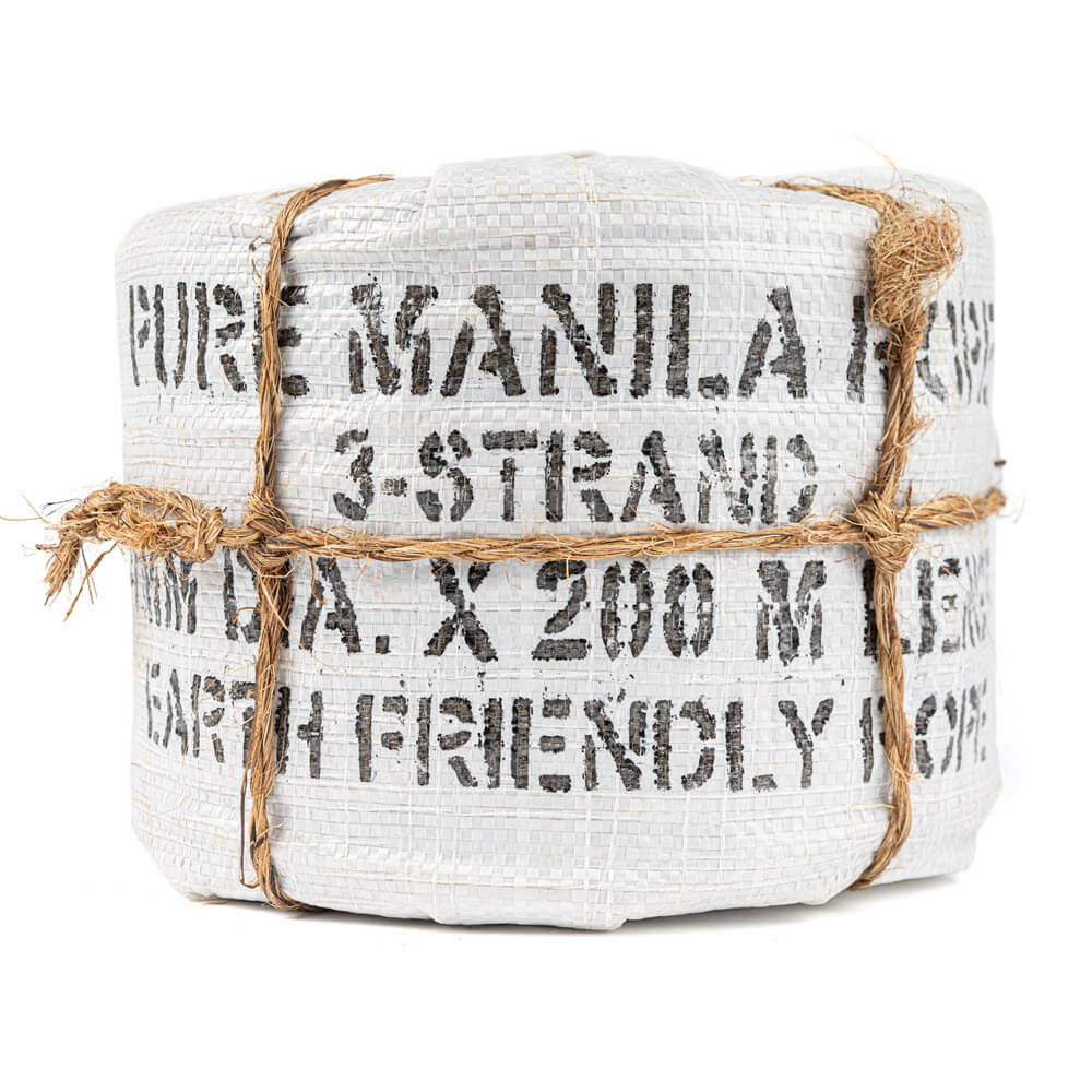 Rolled-up Manila rope with text on a white background