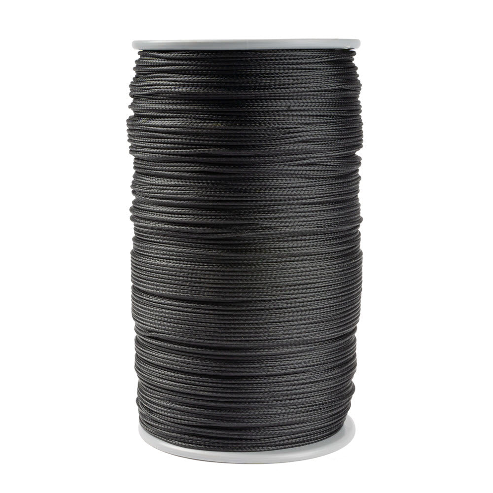 A large spool of black Kevlar cord, 1.5 mm thick, made of aramid fibers with a sleek polyester sheath, tightly and evenly wound on a white spool with round flanges at the top and bottom, set against a white background.