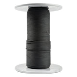 A spool of black Kevlar cord, 2 mm thick, made of aramid fibers with a sleek polyester sheath, tightly and evenly wound on a white spool with round flanges at the top and bottom, set against a white background.