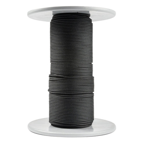A spool of black Kevlar cord, 2 mm thick, made of aramid fibers with a sleek polyester sheath, tightly and evenly wound on a white spool with round flanges at the top and bottom, set against a white background.