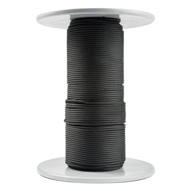 A spool of black Kevlar cord, 2 mm thick, made of aramid fibers with a sleek polyester sheath, tightly and evenly wound on a white spool with round flanges at the top and bottom, set against a white background.