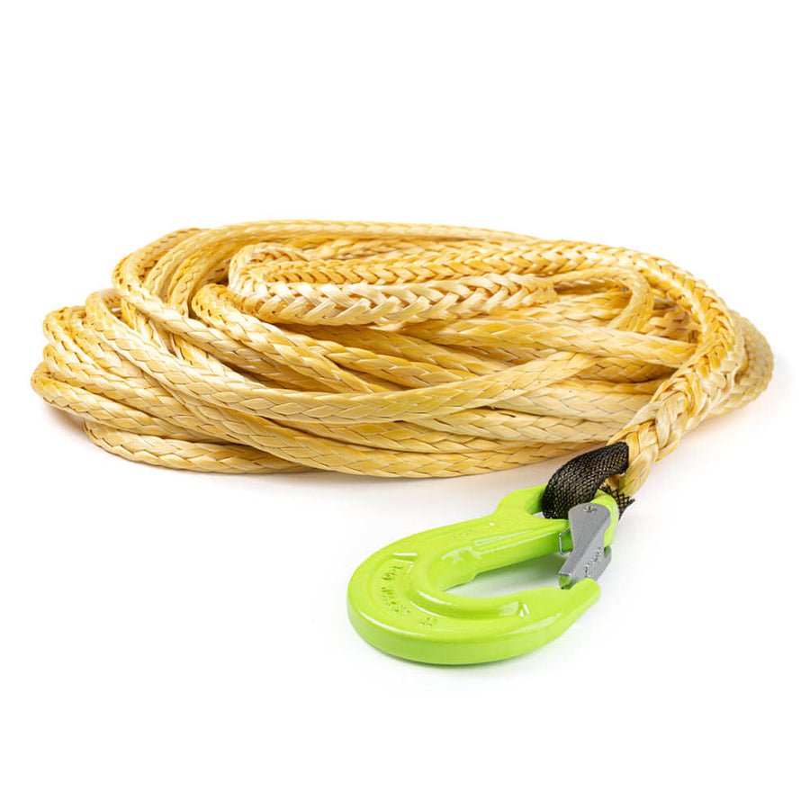 Yellow Dyneema SK75 winch rope with green safety hook
