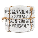 Rolled-up Manila rope with text on a white background