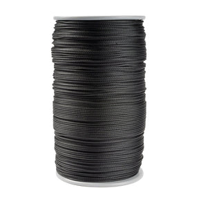 A large spool of black Kevlar cord, 1.5 mm thick, made of aramid fibers with a sleek polyester sheath, tightly and evenly wound on a white spool with round flanges at the top and bottom, set against a white background.