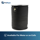A spool of black polyester rope, 3 mm thick, with a tight sheath, braided with a uniform structure, neatly wound on a black spool with round flanges at the top and bottom, set against a white background.